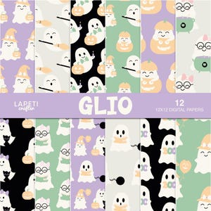 Puede incluir: Una colección de 12 papeles digitales con patrones temáticos de Halloween. Los diseños presentan fantasmas sonrientes, calabazas, sombreros de bruja y otros elementos festivos en varios colores como negro, morado y verde. También se ve el texto "GLIO" y "12 12x12 DIGITAL PAPERS".