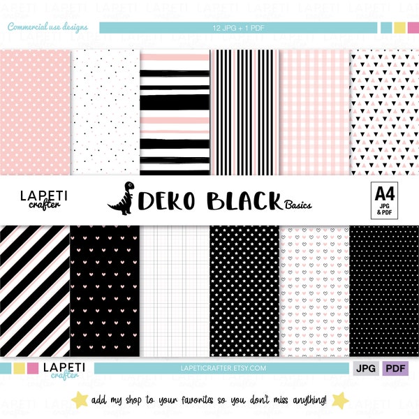 Pink and Black Digital Paper Pack - Geometric Scrapbook Papers, 12x12 Backgrounds, Instant Download, Basic Printable Paper | DEKO BLACK