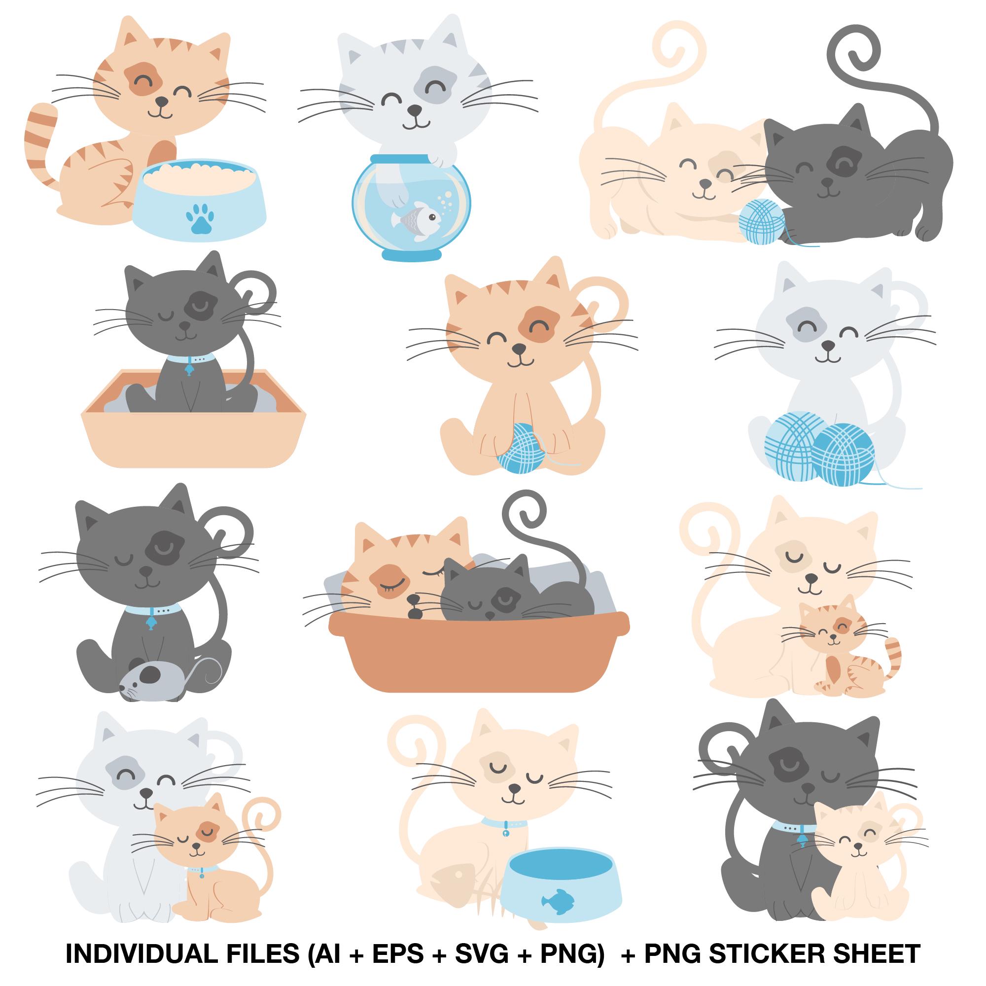 Cute Cat Clipart Set, Kawaii Kitty PNG for Stickers, Pastel Cat ...