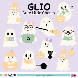 May include: A collection of ten cute ghost clip art illustrations. Each ghost is white with various accessories, including witch hats, bows, glasses, pumpkins, and a black cat. The text "GLIO Cute Little Ghosts" is at the top.