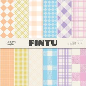 Könnte beinhalten: Ein digitales Papierset mit dem Titel FINTU VICHY 12 DESIGNS 12 x 12, bestehend aus zwölf vertikalen Feldern mit verschiedenen Karomustern und Vichy-Mustern in Pastelltönen wie Orange, Gelb, Pfirsich, Blau, Violett und Rosa auf weißem Grund.