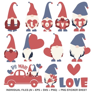 Valentine Gnome Clipart Set, Love Gnomes, Sweetheart PNG Stickers, Red Blue Romantic Illustrations for Crafts, Forest Dwarf Printable File