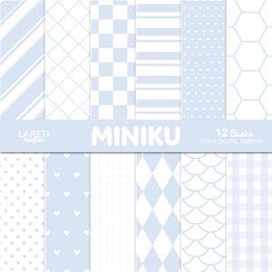 May include: A collection of 12 digital papers with various patterns in light blue and white. Designs include stripes, diamonds, polka dots, and geometric shapes. The text "MINIKU" and "12 Basics" are visible.
