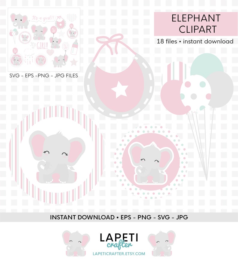 Download Baby Girl Elephant Clipart commercial use gender reveal | Etsy