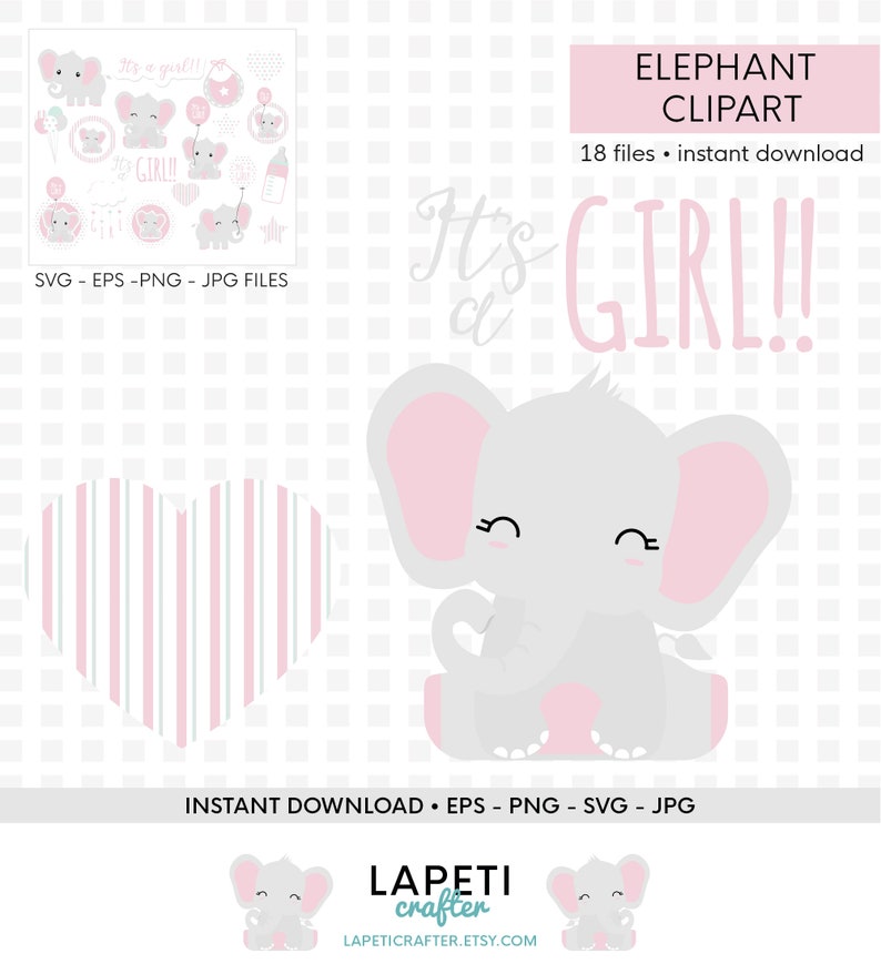 Download Baby Girl Elephant Clipart commercial use gender reveal | Etsy