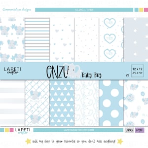 Paquete de papel digital con elefante para bebé niño para álbumes de recortes y manualidades. Papel digital con elefante azul para imprimir para baby shower de niño. ENZU
