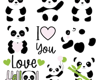 Cute Panda Clipart Set, Panda SVG PNG, Kawaii Animal Graphics, Love Panda Stickers, Kids Valentine Clipart, Nursery Crafts