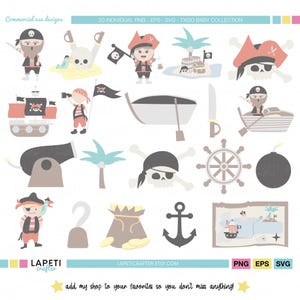 Paquete de imágenes prediseñadas de piratas / Lindos SVG de piratas, mapas del tesoro y barcos PNG / Gráficos náuticos para niños, álbumes de recortes e imprimibles para fiestas de cumpleaños