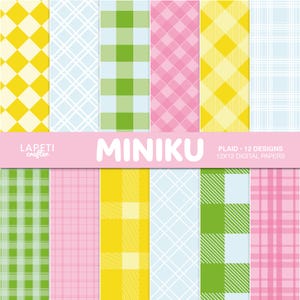 Op de afbeelding: Een collectie van 12 digitale papierontwerpen met diverse ruit- en gingham-patronen in geel, lichtblauw, groen en roze. Een horizontale roze banner in het midden toont de tekst LAPETI crafter MINIKU PLAID 12 DESIGNS 12X12.