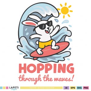 Surfing Bunny Sublimation PNG for Kids, Cute Summer Bunny Clipart, Baby Boy Beach Shirt Design, Printable Bunny Wall Art for Nursery