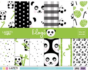 Panda bear digital paper for scrapbooking | 12x12 Digital Download | Panda Background | Commercial Use | Panda Party Digital Paper | ELOGI