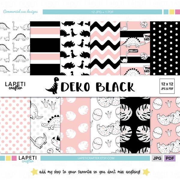 Dinosaur Paper for Baby Girls, Digital Scrapbook Paper in Black and White, Dinosaur Birthday Party Digital Paper, Digital Backgrounds | DEKO