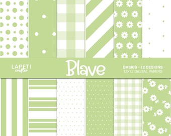 May include: A collection of twelve digital papers featuring light green and white patterns including polka dots, gingham, diagonal stripes, horizontal stripes, and floral motifs. The text reads LAPETI crafter Blave BASICS 12 DESIGNS 12X12 DIGITAL PAPERS.