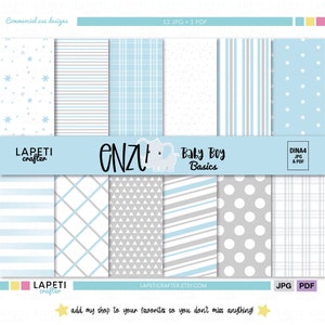 Pode incluir: Um conjunto de 12 papéis digitais em azul e cinza com vários padrões, incluindo estrelas, listras, xadrez, bolinhas e triângulos. Os papéis são etiquetados como "Baby Boy Basics" e estão disponíveis nos formatos JPG e PDF.