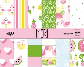 Flamingo Tropical Digital Paper, Summer Scrapbook Backgrounds, Printable Journal Paper, Pineapple Watermelon Pattern