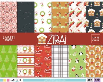 Christmas Digital Paper Pack in Red and Green, Christmas Digital Backgrounds for Scrapbooking, Printable Christmas Paper for Kids | ZIRAI