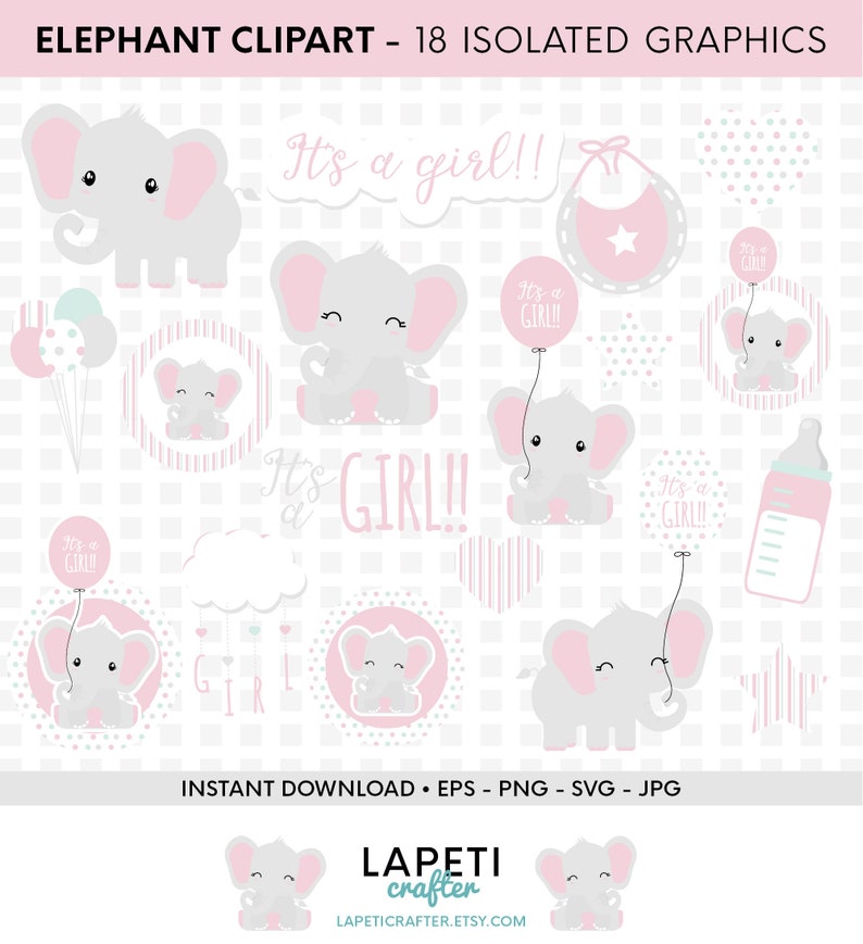 Download Baby Girl Elephant Clipart commercial use gender reveal | Etsy