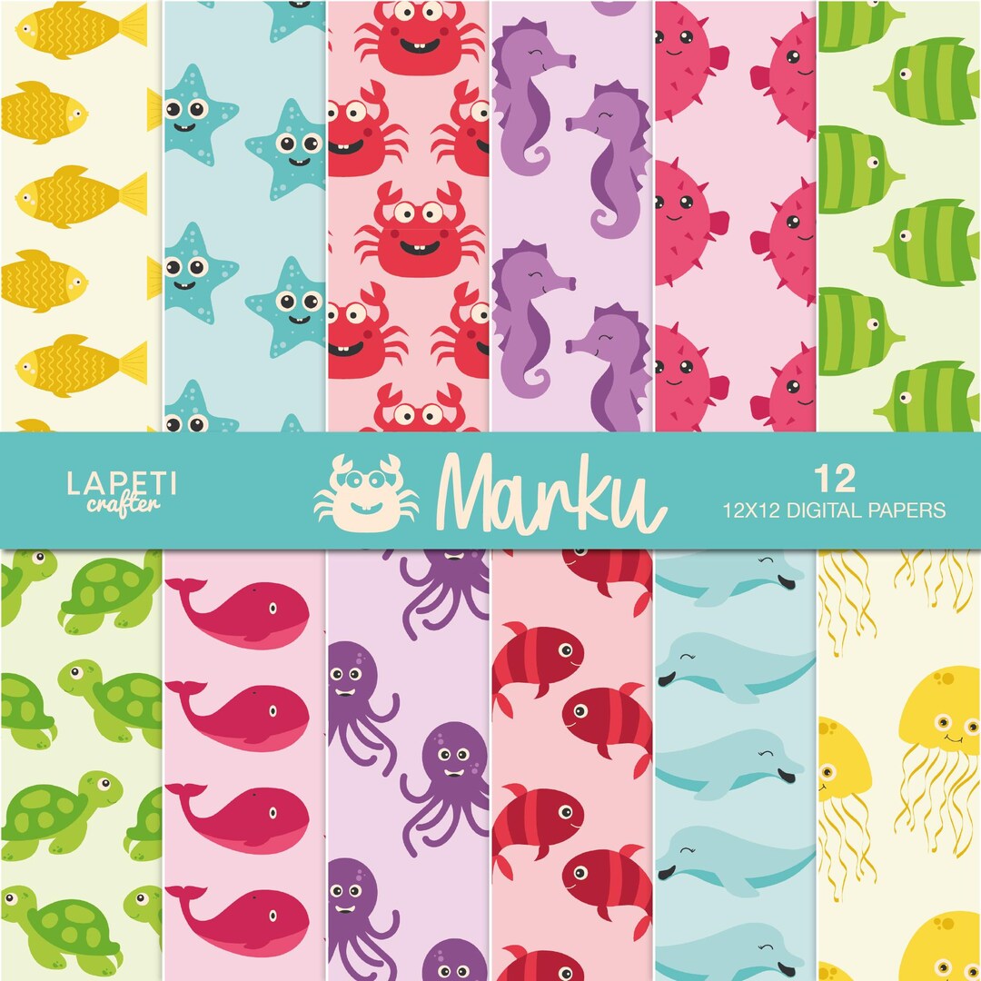 Sea Animals Digital Paper Pack, Cute Ocean Patterns for Kids Crafts ...