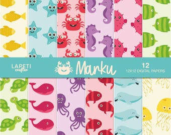 Sea Animals Digital Paper Pack, Cute Ocean Patterns for Kids Crafts, Scrapbooking Backgrounds Paper, Under the Sea Birthday Party Printables