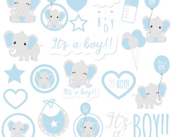 Baby Shower Boy Clipart, Blue Elephant PNG, Its a Boy Graphics, Baby Elephant Clip Art, Gender Reveal Party Decorations