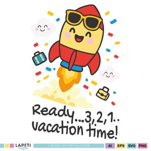 Rocket Vacation-svg voor kinderen | Klaar 3,2,1 vakantietijd | Kawaii zomershirtontwerp | Einde van school-svg | Zomervakantie-svg voor kinderen