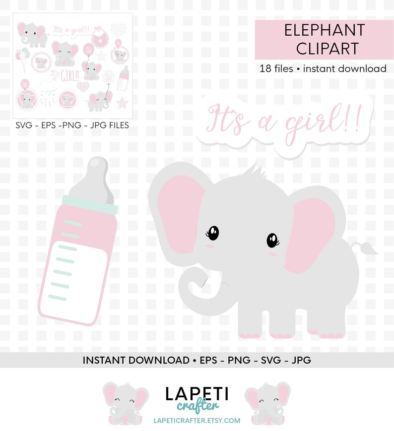Download Baby Girl Elephant Clipart commercial use gender reveal | Etsy