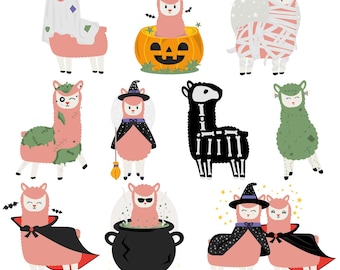 Halloween Llama Clipart Set, Cute Alpaca Party Decorations, Spooky Kids Birthday Decor, Printable Halloween PNG