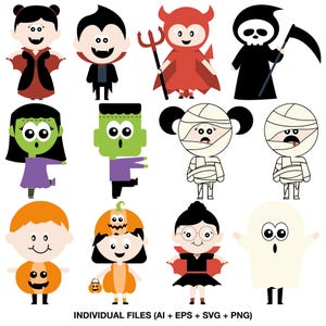 May include: A collection of twelve cartoon Halloween characters including a vampire, devil, grim reaper, green monster, mummy, pumpkin, and ghost. The characters are depicted in various costumes and poses. Text at the bottom reads INDIVIDUAL FILES (AI + EPS + SVG + PNG).