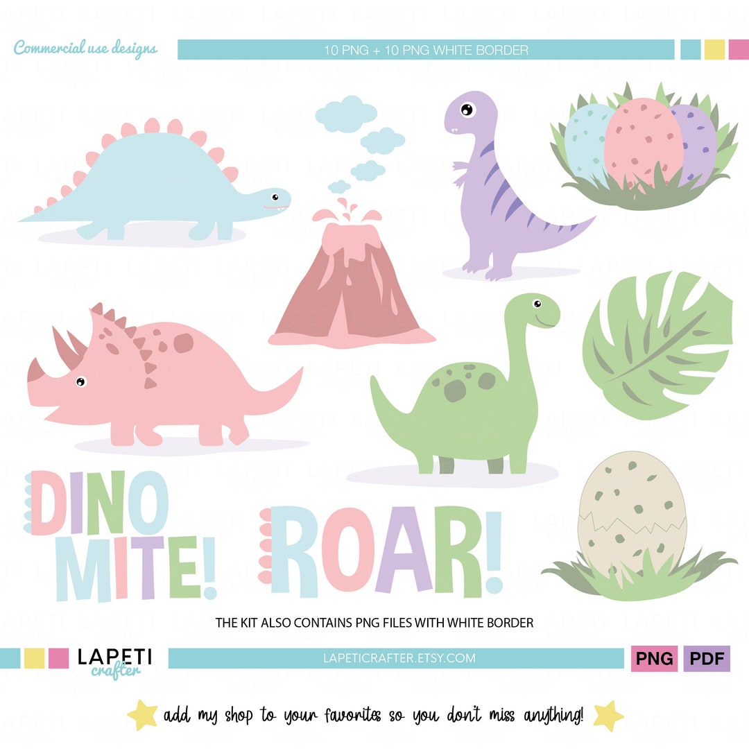 Cute Dinosaur Clipart for Baby Girls, Dinosaur 1st Birthday Party PNG