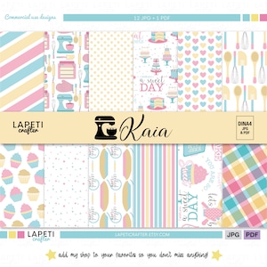 BAKERY digital papers | Retro baking scrapbook paper | 12 printable patterns DinA4 size | Digital background in JPG & PDF