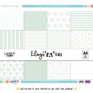 May include: A set of 12 digital paper patterns in a light blue and white color scheme. The patterns include polka dots, stripes, leaves, and other designs. The text "Elogi Baby" is included in the image.