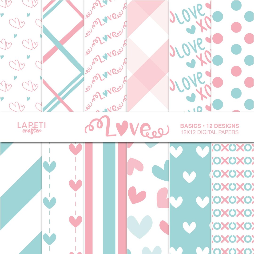 Love Digital Paper Pack Pink Blue, Valentine Scrapbook Design Sheets ...