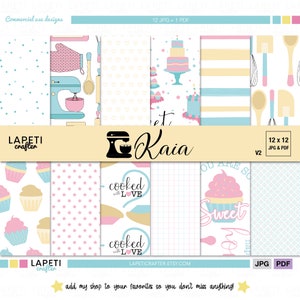Bakery Digital Paper, Baking Scrap Paper, Retro Baking Patterns, Cake Digital Paper, Cooking Printable Scrapbook Paper | Kaia