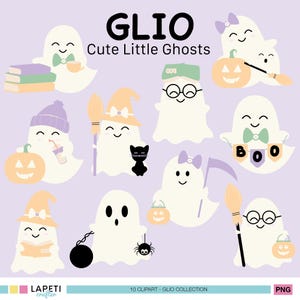 May include: A collection of ten cute ghost illustrations in various poses and costumes. The ghosts are white with smiling faces and are accessorized with items like witch hats, pumpkins, and eyeglasses. The text "GLIO Cute Little Ghosts" is at the top.