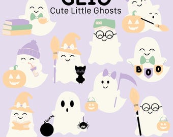 Cute Halloween Ghost Clipart Set, Kawaii Ghosts PNG, Little Ghost Illustrations for Scrapbooking, Instant Digital Download Halloween Png