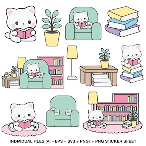 May include: A collection of cute cartoon illustrations featuring a white cat reading books. The images include a cat reading on a cloud, in a chair, and on a stack of books, along with bookshelves, lamps, and plants. The text at the bottom reads: INDIVIDUAL FILES (AI + EPS + SVG + PNG) + PNG STICKER SHEET.