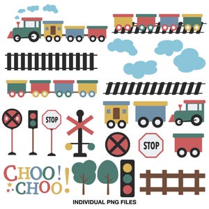 May include: A collection of colorful train-themed clip art elements. Includes trains, train tracks, stop signs, railroad crossing signs, trees, clouds, and the words "CHOO! CHOO!". Perfect for crafting and design projects.