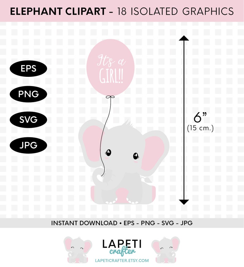Download Baby Girl Elephant Clipart commercial use gender reveal | Etsy