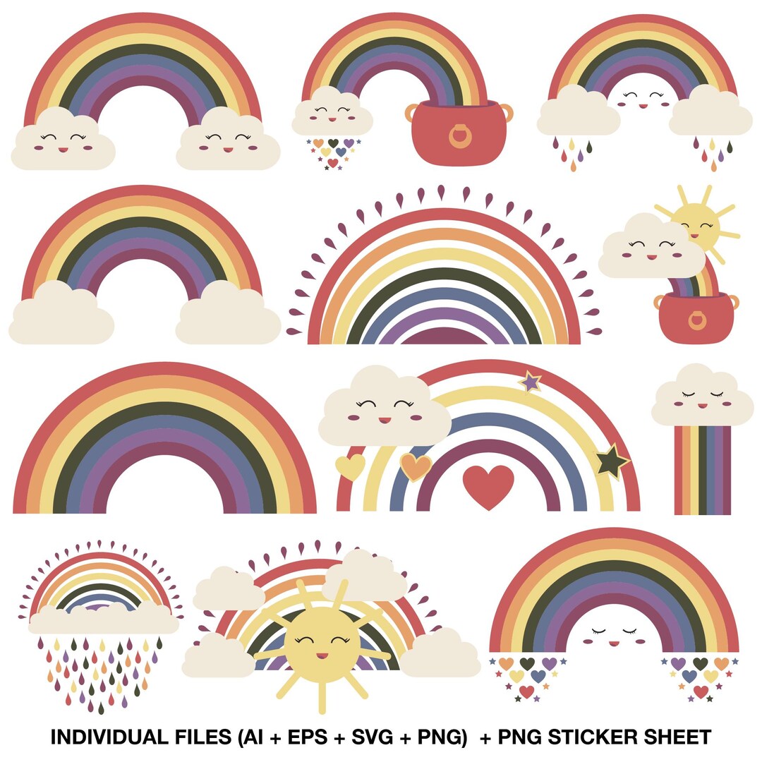 Rainbow Clipart Bundle Kawaii, Cute Clouds & Sun PNG, Pastel Rainbows ...