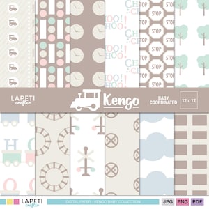 Pastel Train Digital Paper, Baby Boy Scrapbook Paper, 12x12 Nursery Printable, Instant Download for Crafts and Decor, Soft Pastel Patterns