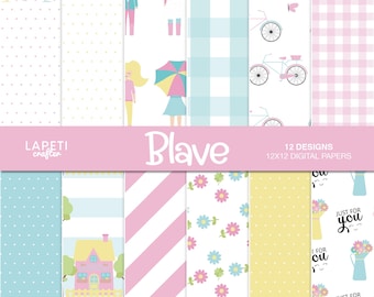 Spring Digital Paper Pack, Pastel Spring Patterns, Girl Scrapbook Backgrounds, Floral & Gingham Printable Papers, Pastel Craft Papers