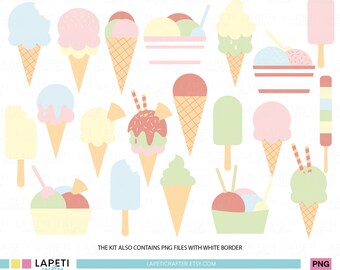 Clipart de Helado | Uso Comercial | PNG de Helado | Dibujo de Helado colores pastel |  Pegatinas digitales PNG | GELIZA