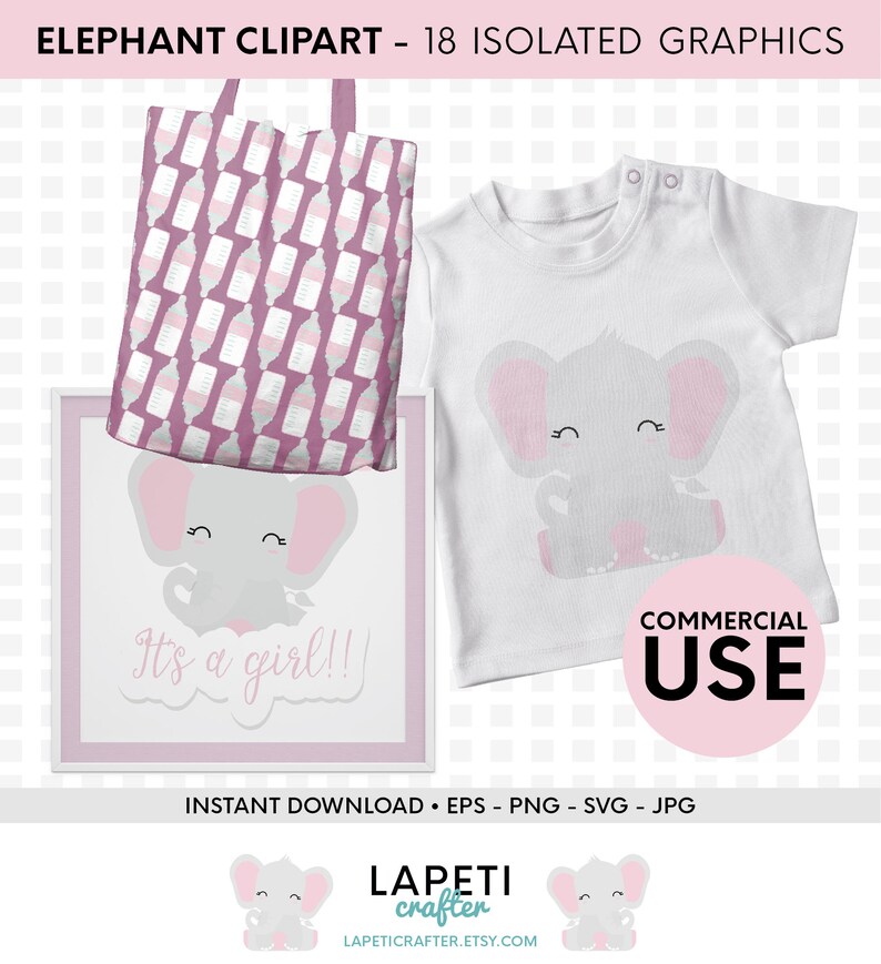 Download Baby Girl Elephant Clipart commercial use gender reveal | Etsy
