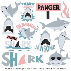 May include: A collection of shark-themed graphic illustrations featuring grey sharks in various poses, some wearing sunglasses, alongside pink and blue text elements including DANGER, SHARK ATTACK, SUMMER, JAWSOME, and SHARK, plus pink seaweed.
