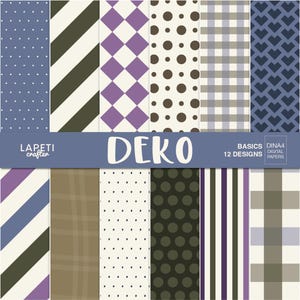 May include: A collection of 12 digital paper designs labeled DEKO BASICS DINA4. The patterns include blue with white dots, diagonal stripes, purple diamonds, brown polka dots, plaid, heart shapes, vertical stripes, and various geometric motifs.