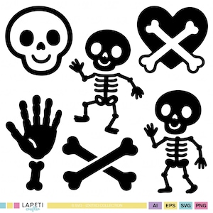 Skeleton SVG for Cricut, Halloween Bones Cut Files, Dancing Skeleton PNG Clipart, Spooky Skull Clip Art for Kids Crafts and Decorations