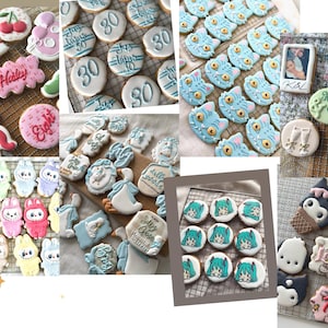 Puede incluir: Una colección de galletas decoradas con varios diseños. Algunas galletas presentan textos como "Hailey", "Eight" y "30". Otras galletas tienen forma de animales, gatos y lazos. Las galletas están dispuestas sobre rejillas.