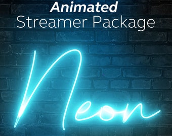 May include: A digital graphic featuring the words "Animated Streamer Package" in white above the word "Neon" in a bright blue neon font. The background is a dark brick wall.