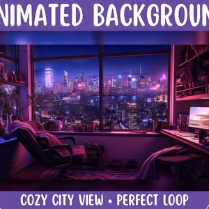Vtuber Animated Background for Twitch | Ambience Cozy Lofi Bedroom | Zoom Cyberpunk Stream Overlay | Looping Rainy Background