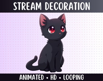 May include: Animated black cat with red eyes sitting on a purple background with white dots. The text "STREAM DECORATION" is at the top of the image and the text "ANIMATED. HD. LOOPING" is at the bottom of the image.